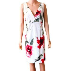 Red Floral V Neck Sheath Dress L Tropical Flower Side Zip Lined Madison Paige